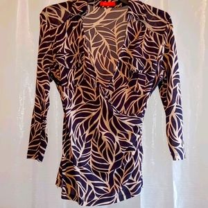 Banjul Sheer Black Color tan design Crossover Faux Wrap Vneck Blouse Size-S